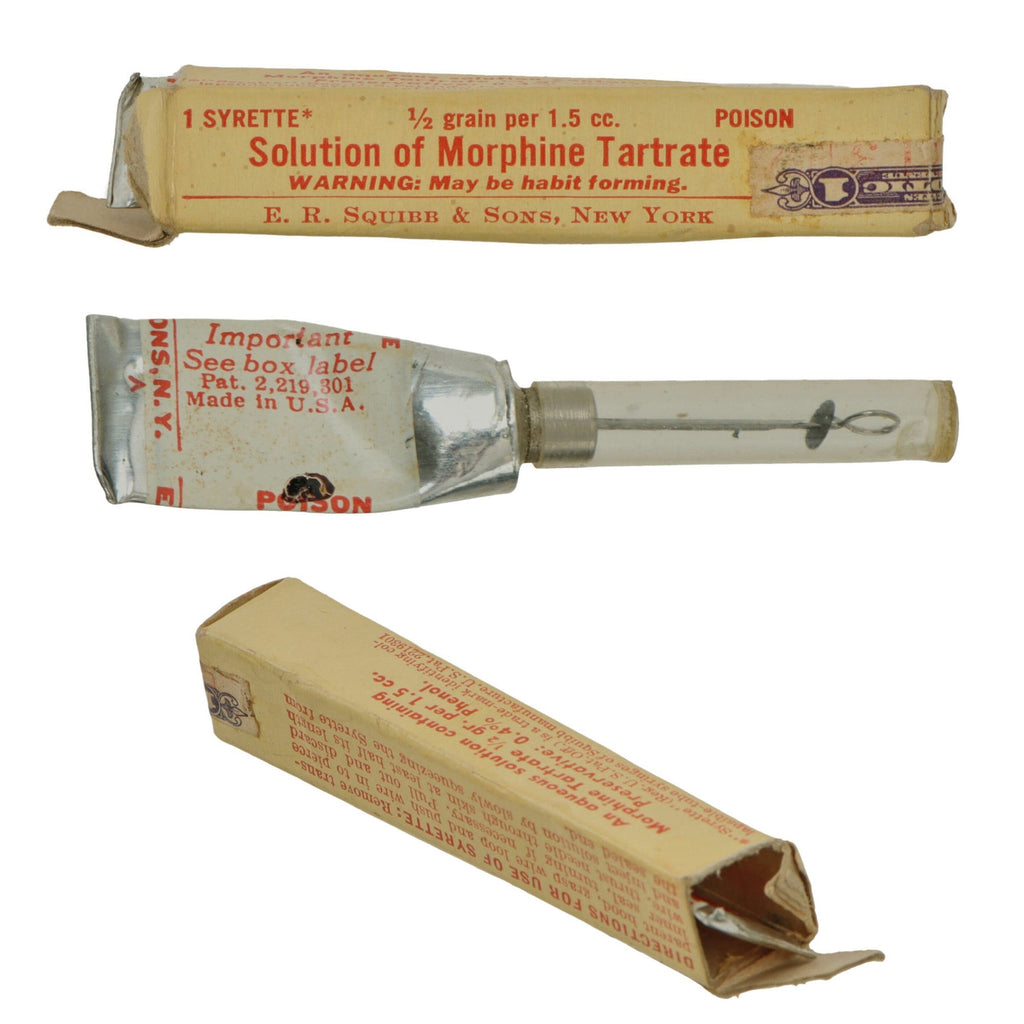 Original U.S. WWII Combat Medic EMPTY Morphine Syrette in Original Box by E.R. Squibb & Sons of New York - Rare Original Items