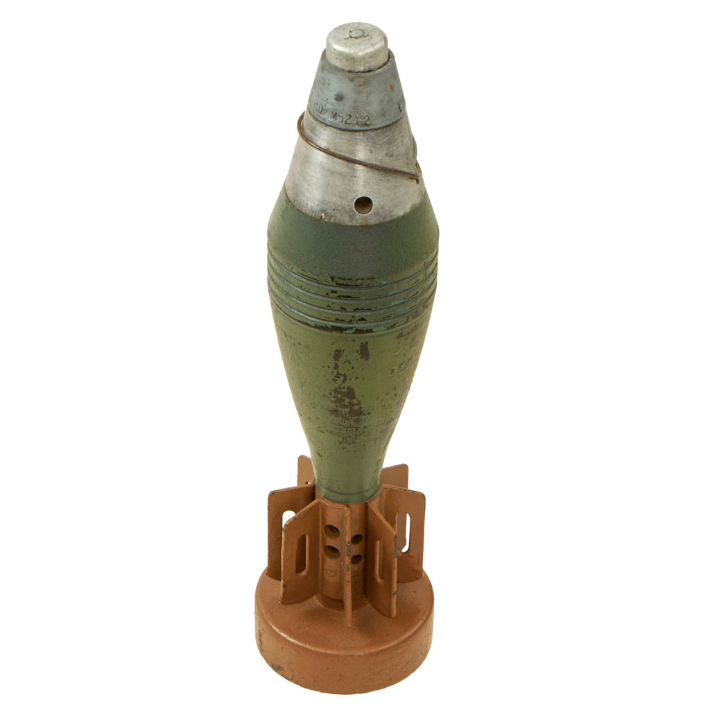 Original U.S. WWII  & Korean War 1944 Dated M49A2 60mm Deactivated Mortar Round with 1952 Dated Fuze on Display Base - Inert Original Items