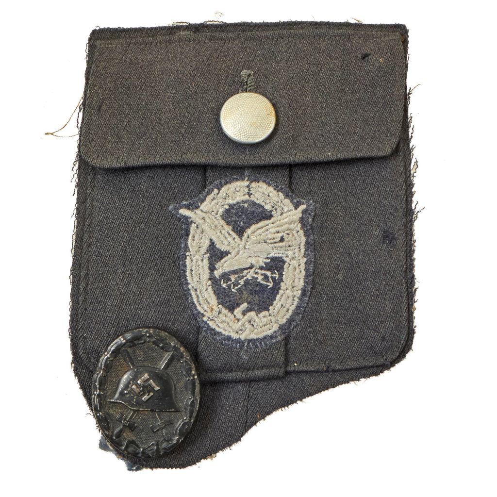 Original German WWII Luftwaffe Uniform Cutoff Pocket with Embroidered Radio Operator & Air Gunner Badge and Black Wound Badge Original Items