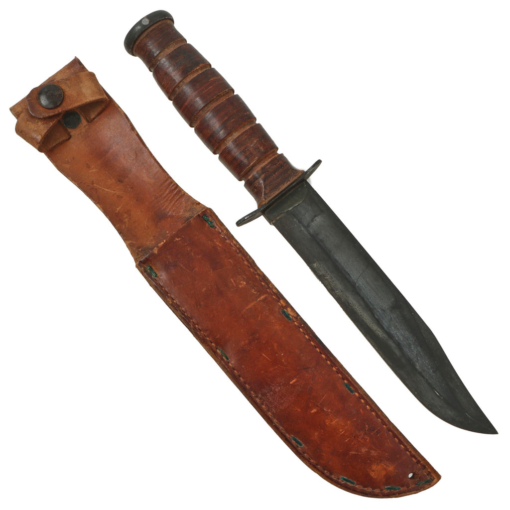 Original U.S. WWII USN / USMC Early Blade-Marked Mark 2 KA-BAR Fighting Knife in Leather Sheath - Marking Scrubbed Original Items