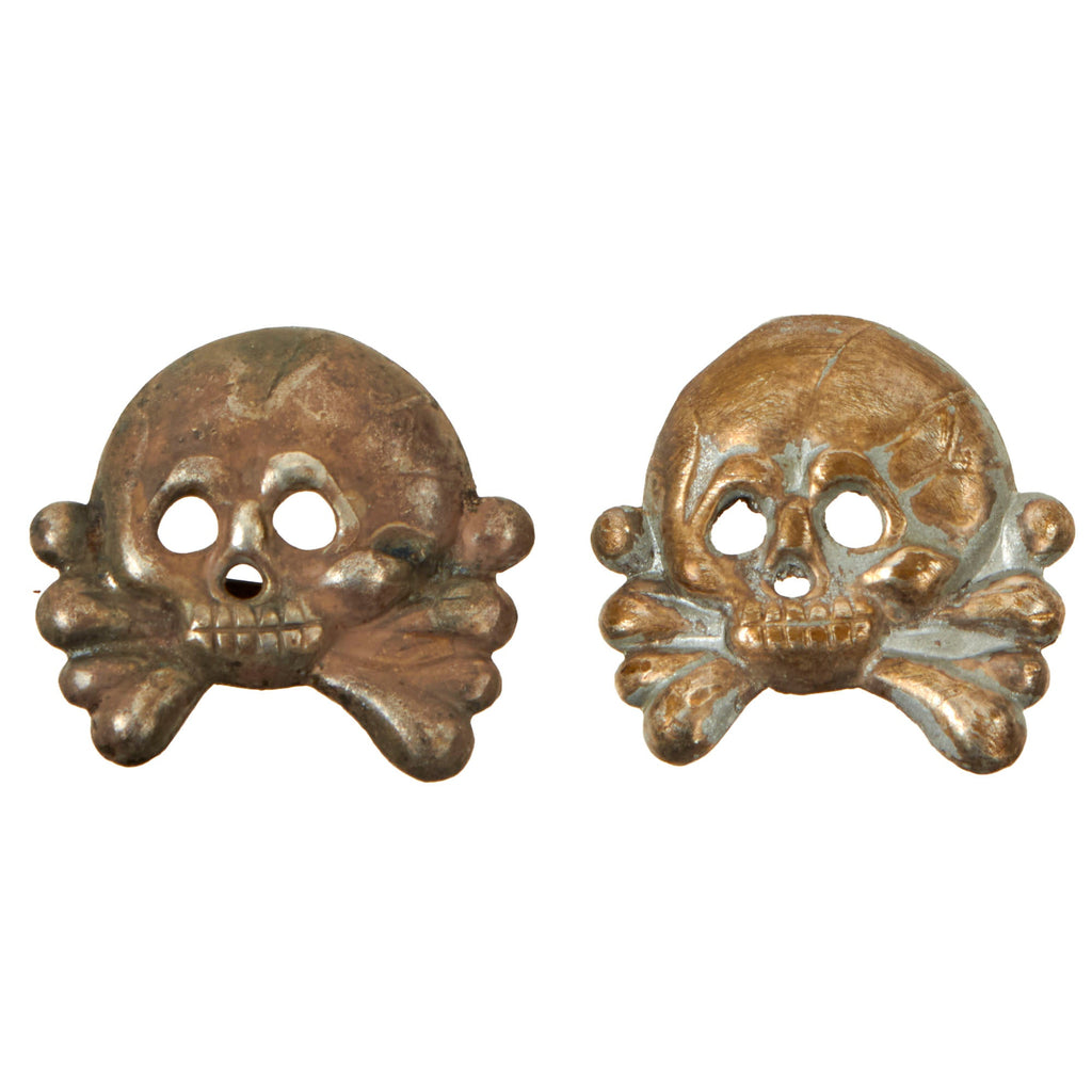 Original German WWII Set of Two Early Nickel Panzer "Danziger" Style Totenkopf "Death's Head" Collar Tab Emblems Original Items