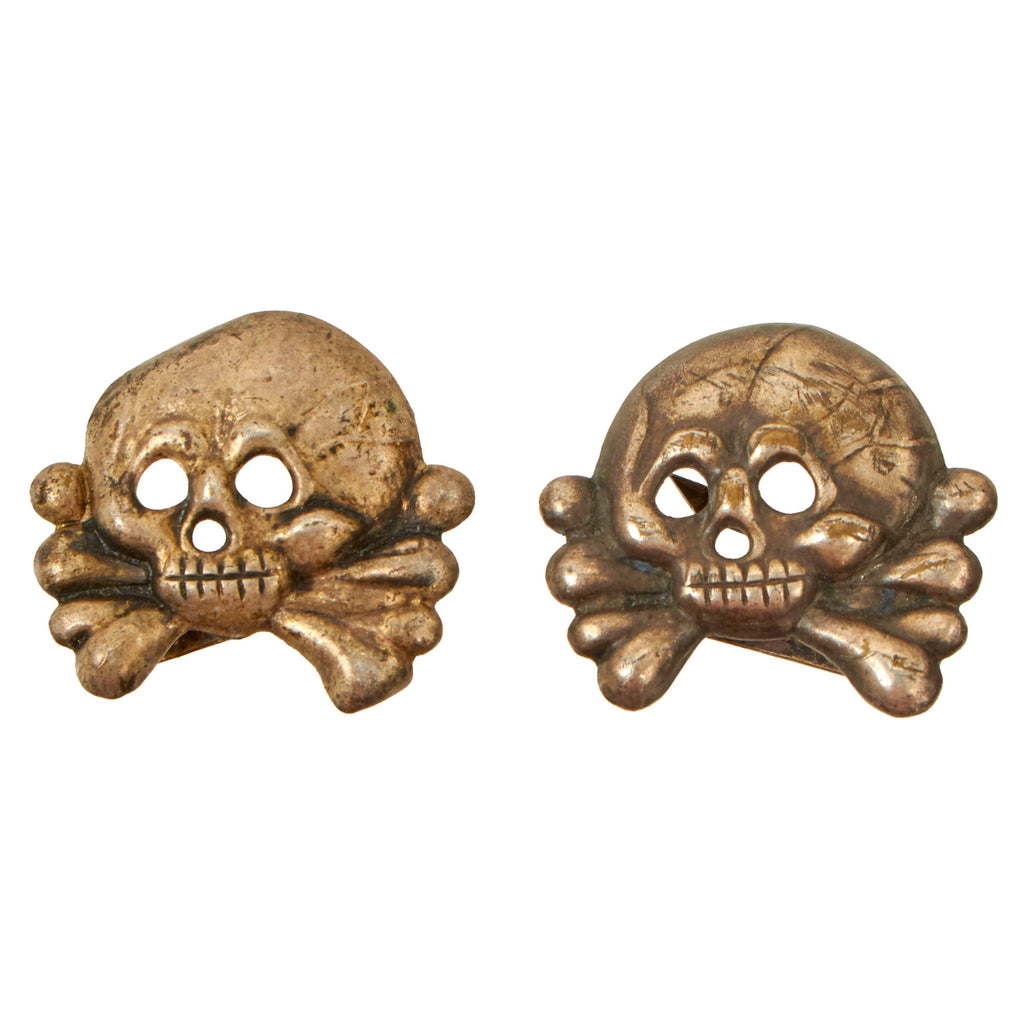 Original German WWII Set of Two Early Nickel Panzer "Danziger" Style "Death's Head" Collar Tab Emblems - Totenkopf Original Items