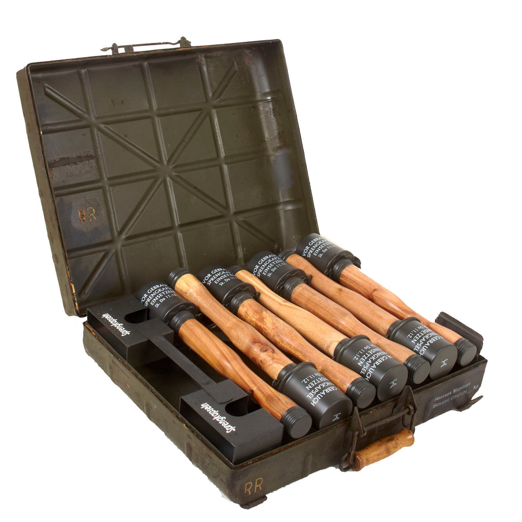Original German WWII M24 Stick Grenade Case with Original Internal Rack and (7) Replica Grenades Original Items