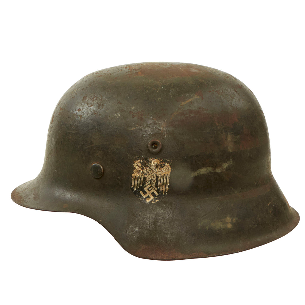 Original German WWII USGI Bring Back Large M42 Single Decal Army Heer Helmet with Damaged 1943 Dated 58cm Liner - Stamped EF66 Original Items