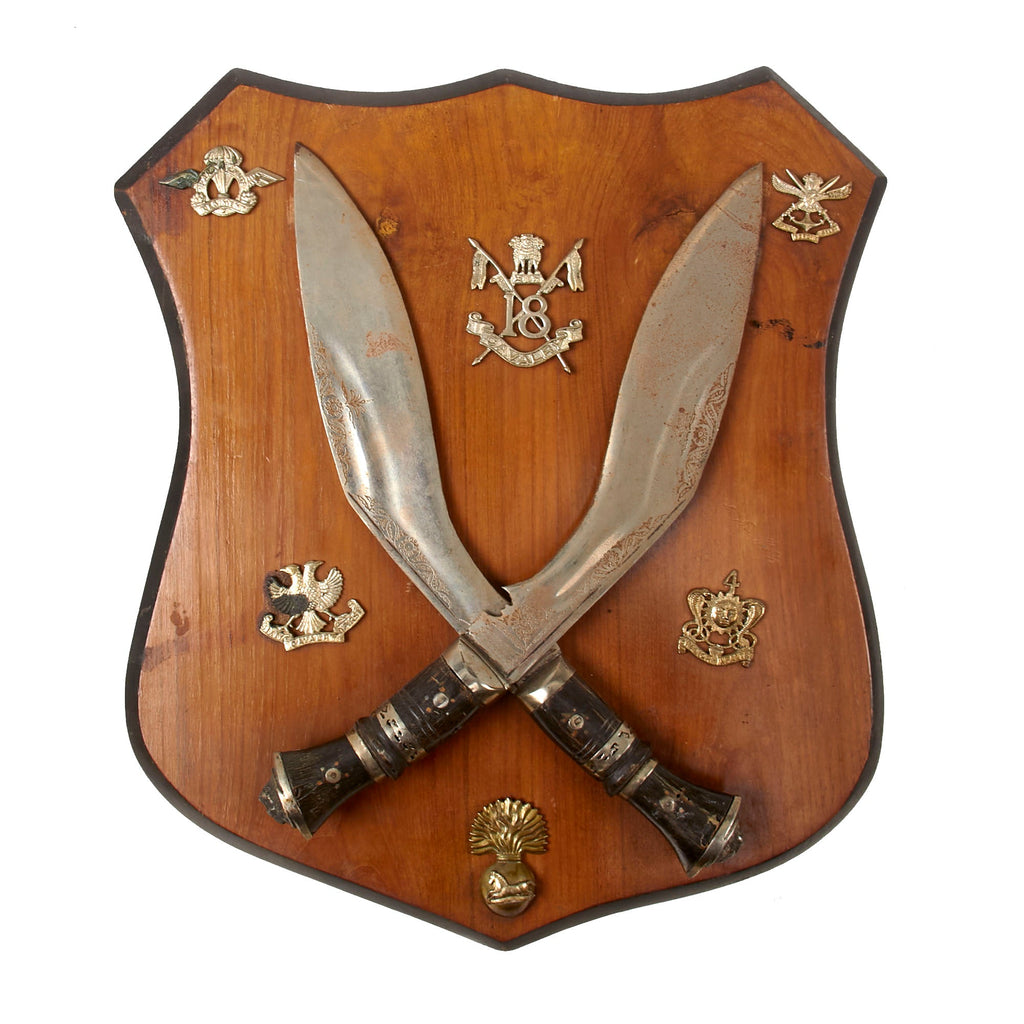 Original Indian WWII Commemorative Kukri Plaque with Six Regimental Badges - 13⅝ x 15½” Original Items