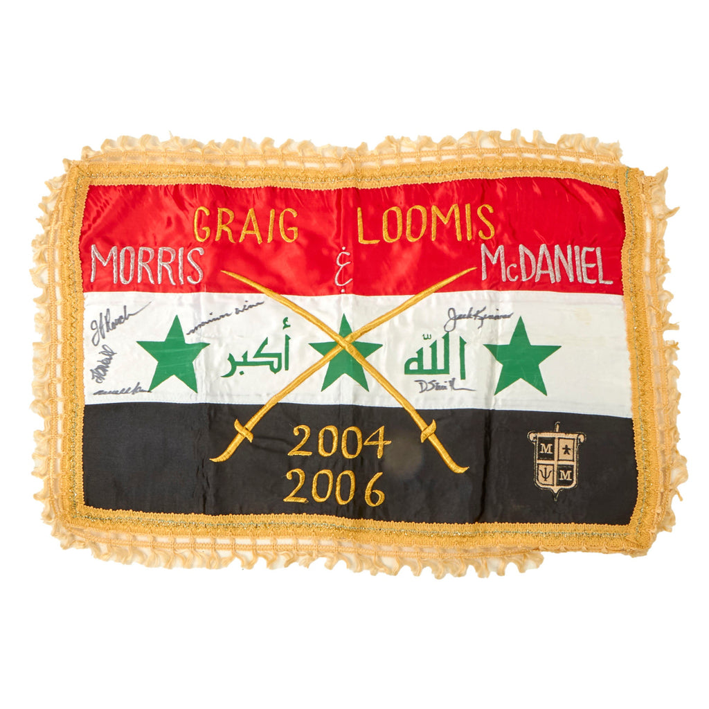 Original U.S. Iraq War 2004-2006 “Morris & McDaniel” Commemorative Flag of Iraq With Gold Trim Border & Signatures - 17½ x 26” Original Items