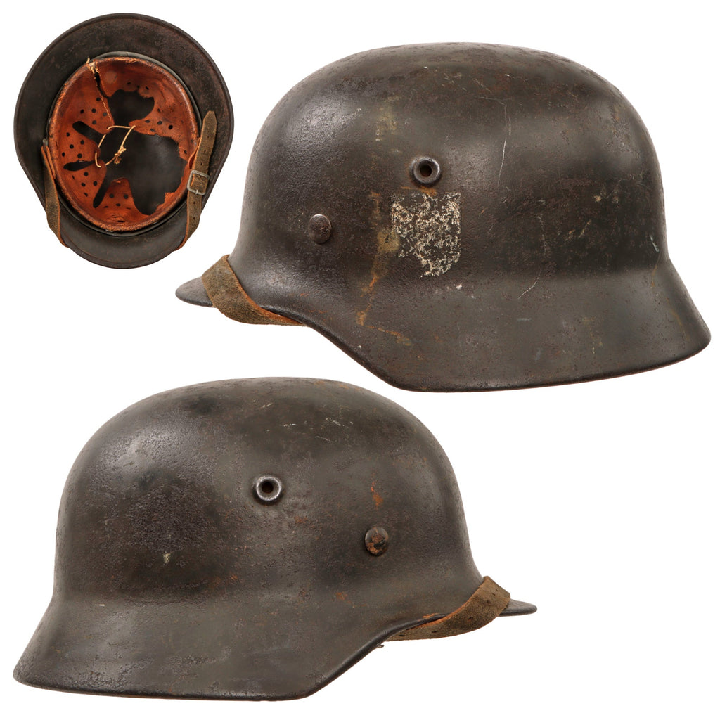 Original German WWII Heer Army M40 Worn Single Decal Steel Helmet with 1943 Dated 56cm Liner and Chinstrap - Stamped Q64 Original Items
