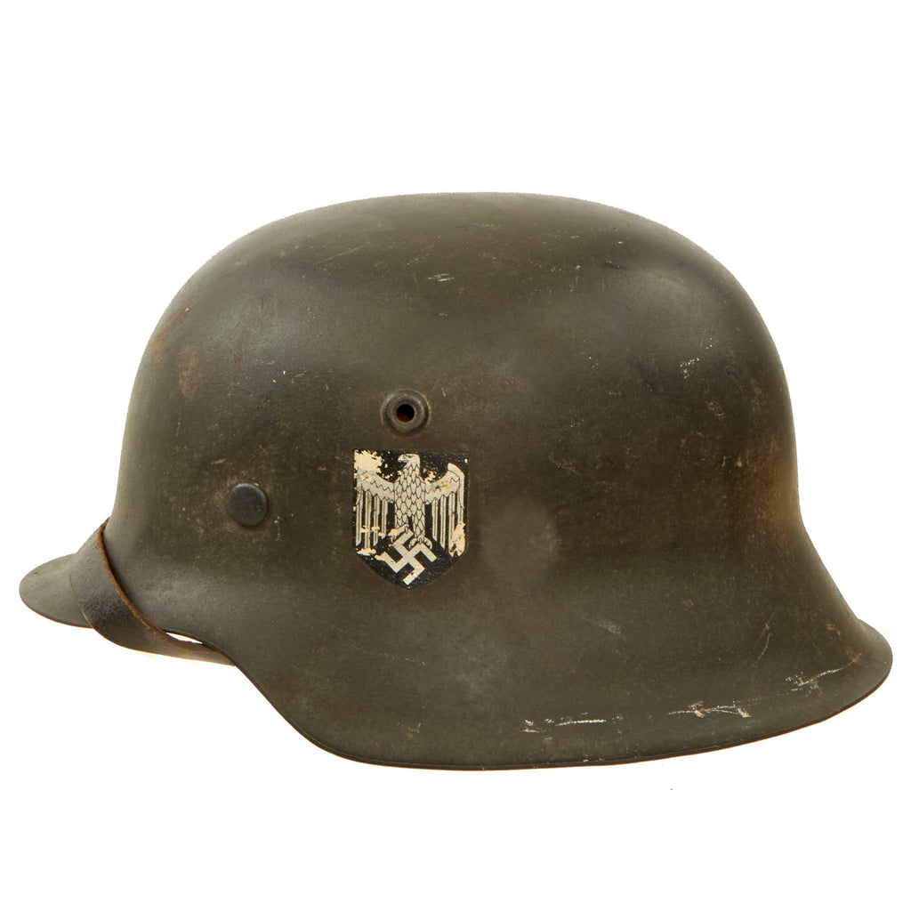 Original German WWII M42 Heer Army Single Decal Helmet with 1943 Dated 57cm Liner & Chinstrap - stamped NS64 Original Items