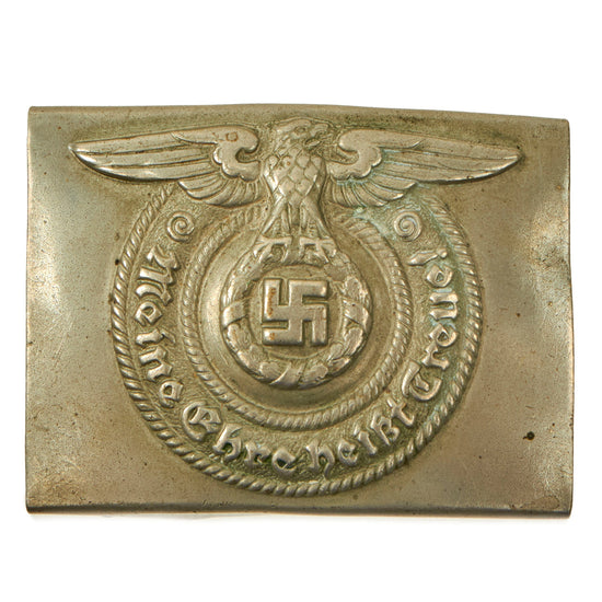 Original German WWII Early SS EM/NCO Nickel Belt Buckle by Overhoff & Cie of Lüdenscheid - Schutzstaffel Original Items