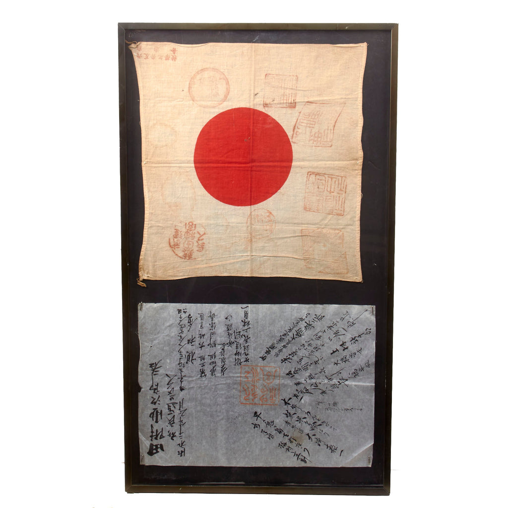 Original Imperial Japanese WWII Framed Small “Good Luck” Flag & Rice Paper with Temple Stamps - 16¼ x 28¼” Original Items