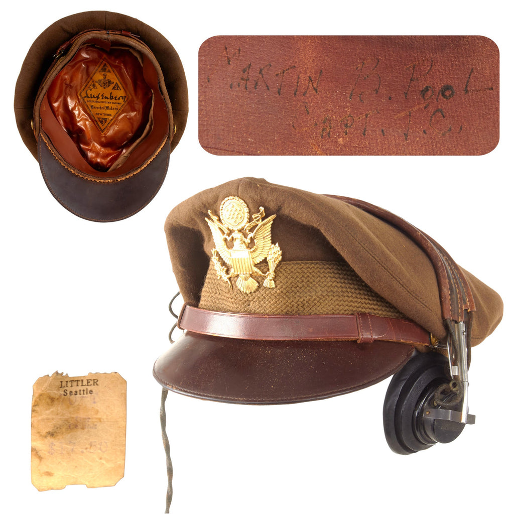 Original U.S. WWII USAAF Named Winter Issue Officer Crush Visor Cap with ANB-H-I Headset Receiver - Captain Martin B. Pool Original Items