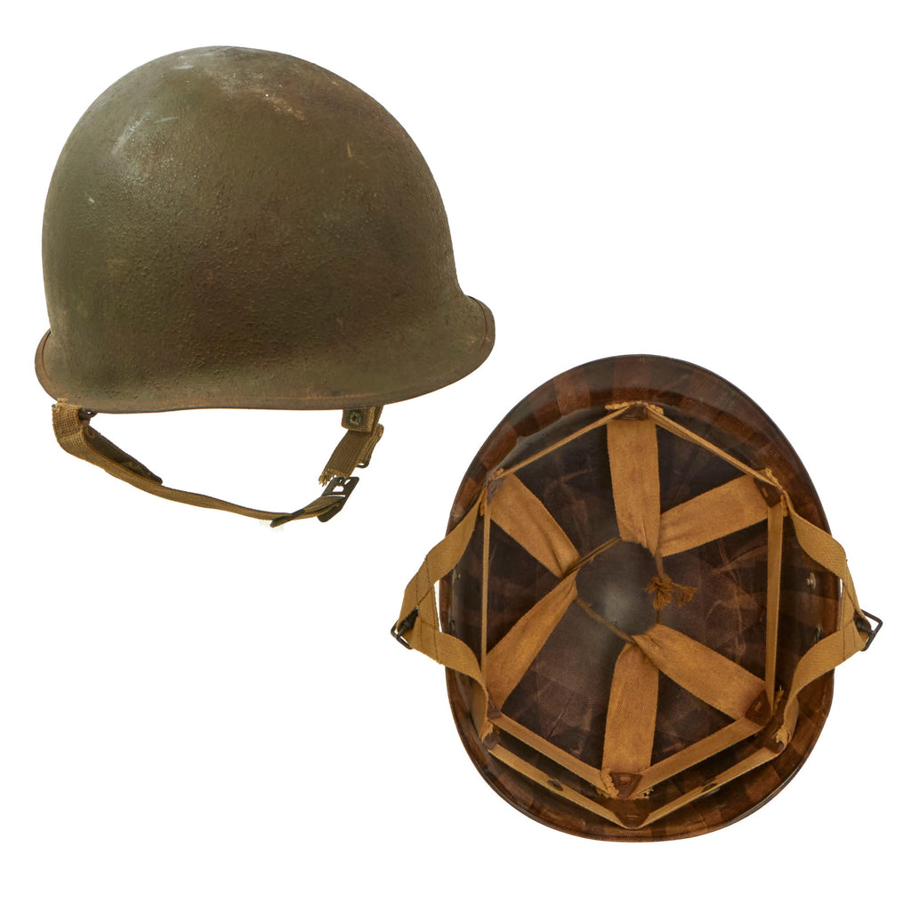 Original U.S. WWII Rear Seam Swivel Bale McCord M1 Helmet with Reworked Inland Paratrooper Liner Original Items