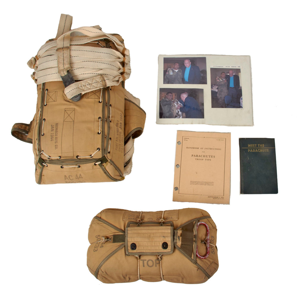 U.S. WWII “Band of Brothers” Airborne Paratrooper High Quality Reproduction T5 Parachute Set Signed by Buck Compton of Easy Company with Photographic Proof & Meet the Parachute Book Original Items