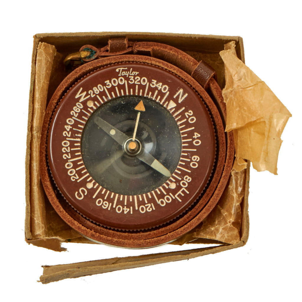 Original U.S. WWII Paratrooper Wrist Compass by Taylor with Leather Wrist Band and Partial Original Box Original Items