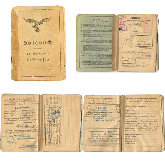 Original WWII German Luftwaffe Soldbuch Identity & Payment Book for Flak NCO Unteroffizier Rudolf Behneigen - Flak Replacement Team 29 Original Items