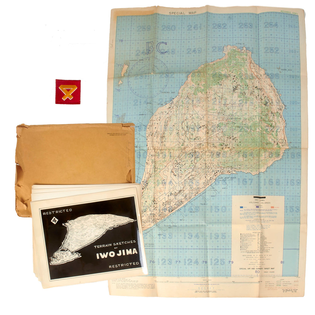 Original U.S. WWII USMC Battle of Iwo Jima Large “Special Air & Gunnery Target Map” Invasion Map Dated November 1944 with Collection of 4th Marine Division Restricted Terrain Sketches of Iwo Jima - 28 x 40½” Original Items