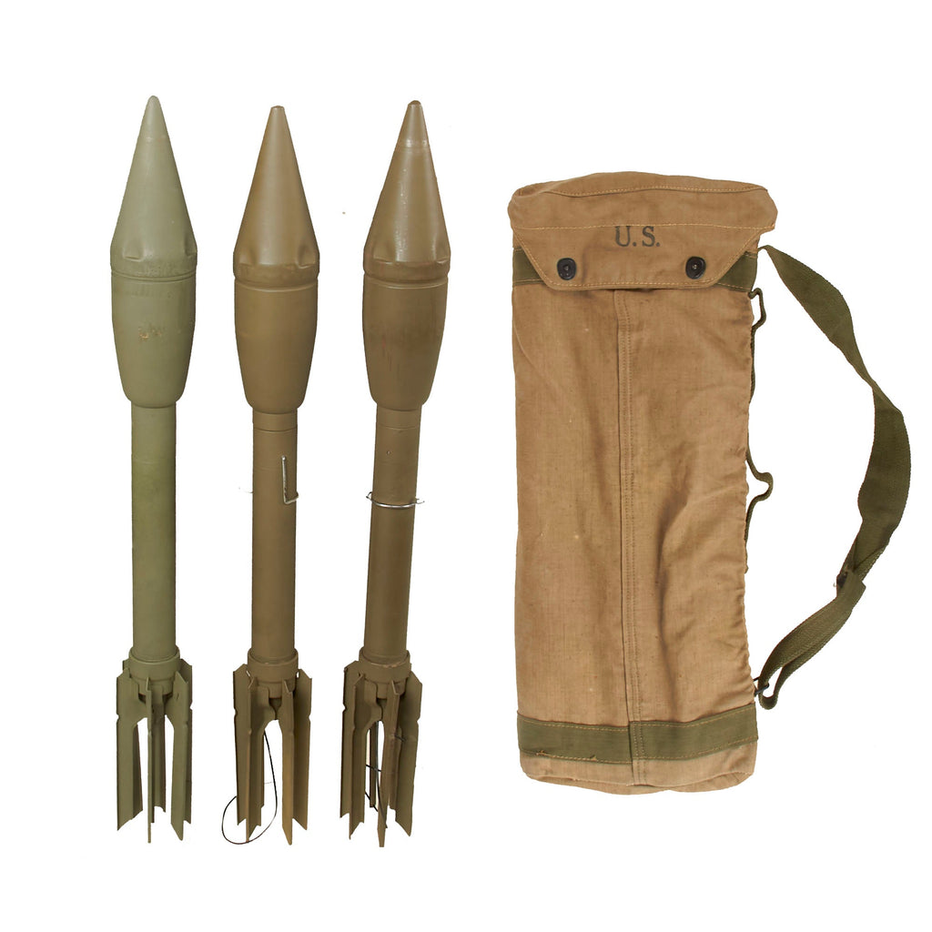 Original U.S. WWII Second Pattern M6 Bazooka Rocket Bag Dated 1945 With (3) Inert 2.36” Rockets in Replacement Tubes Original Items
