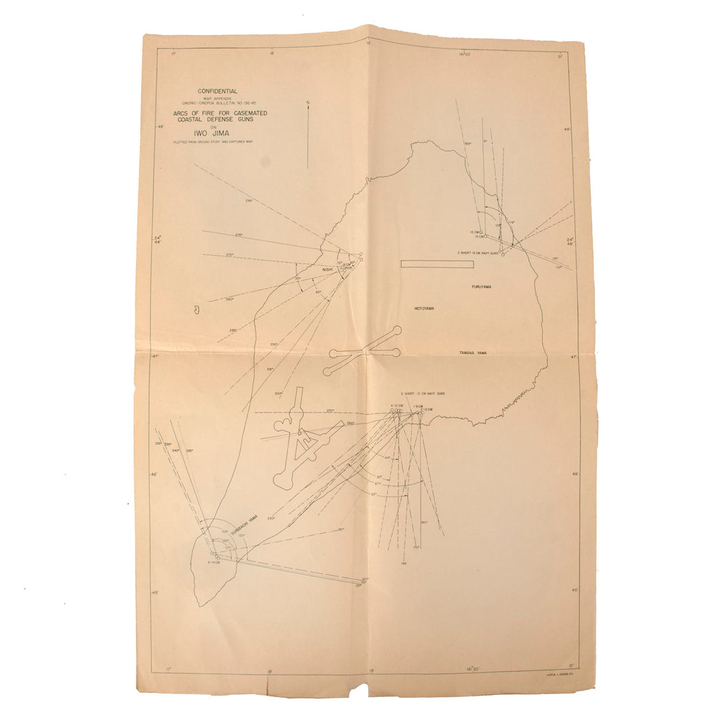 Original U.S. WWII USMC Battle of Iwo Jima “Arcs of Fire for Casemated Coastal Defense Guns” Map - Extremely Scarce - 14 x 19¼” Original Items