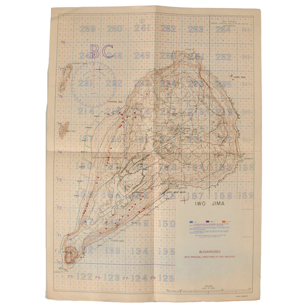 Original U.S. WWII USMC Battle of Iwo Jima “Blockhouses with Principal Directions of Fire Indicated” Map - Extremely Scarce - 14 x 19¼” Original Items