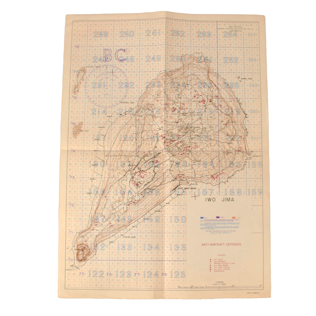 Original U.S. WWII USMC Battle of Iwo Jima Anti-Aircraft Defenses Map - Extremely Scarce - 14 x 19¼”