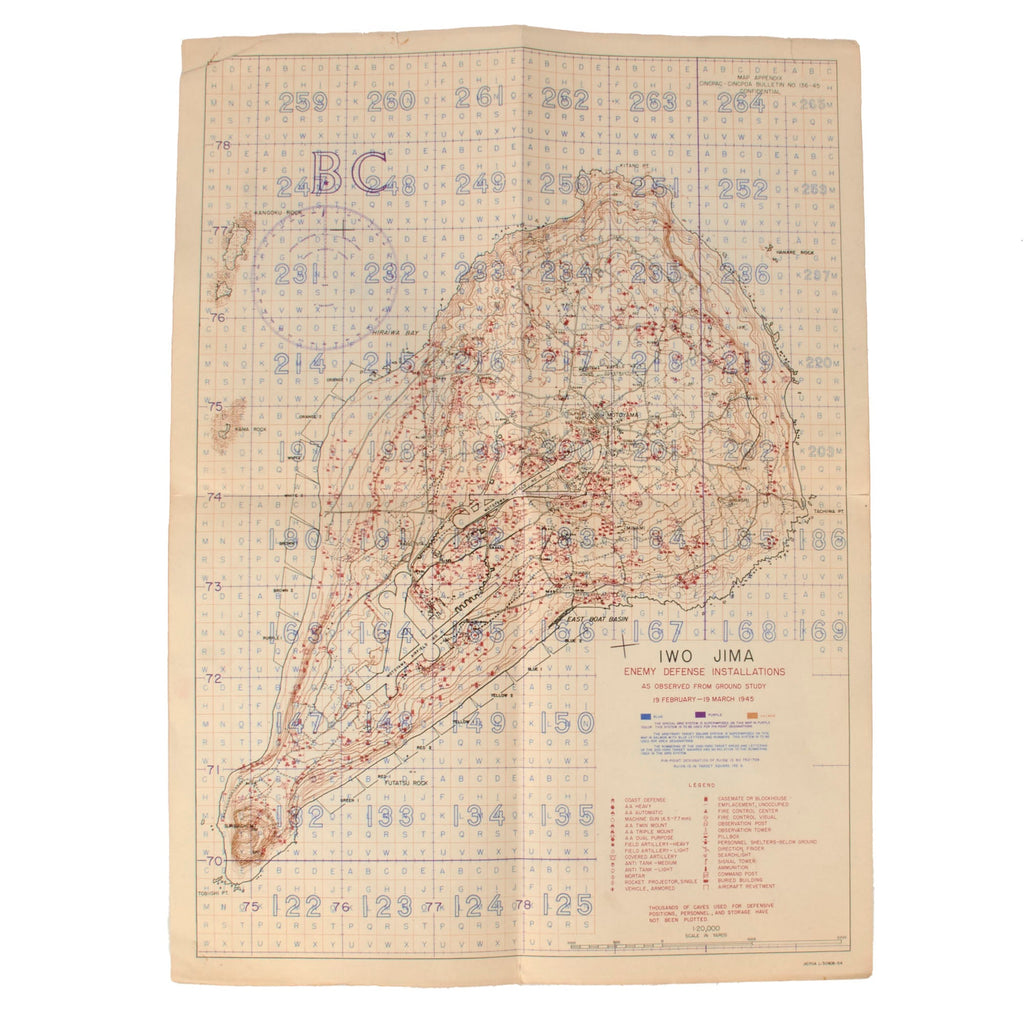 Original U.S. WWII USMC Battle of Iwo Jima Enemy Defense Installations Map - Extremely Scarce - 14 x 19¼”