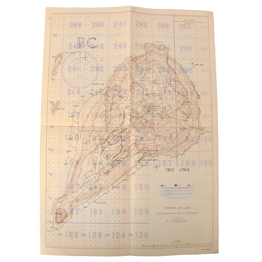 Original U.S. WWII USMC Battle of Iwo Jima “Covered Artillery with Principal Directions of Fire Indicated” Map - Extremely Scarce - 14 x 19¼” Original Items