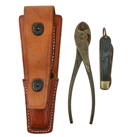 Original U.S. WWII US Army Signal Corps Lineman’s Tool Set With CS-34 Leather Pouch, TL-29 Pocket Knife and Channellock Pliers Original Items