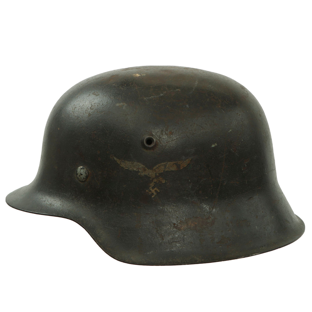 Original German WWII Luftwaffe M42 Single Decal Helmet with Post War Replaced Liner Leather - Size 66 Shell Original Items