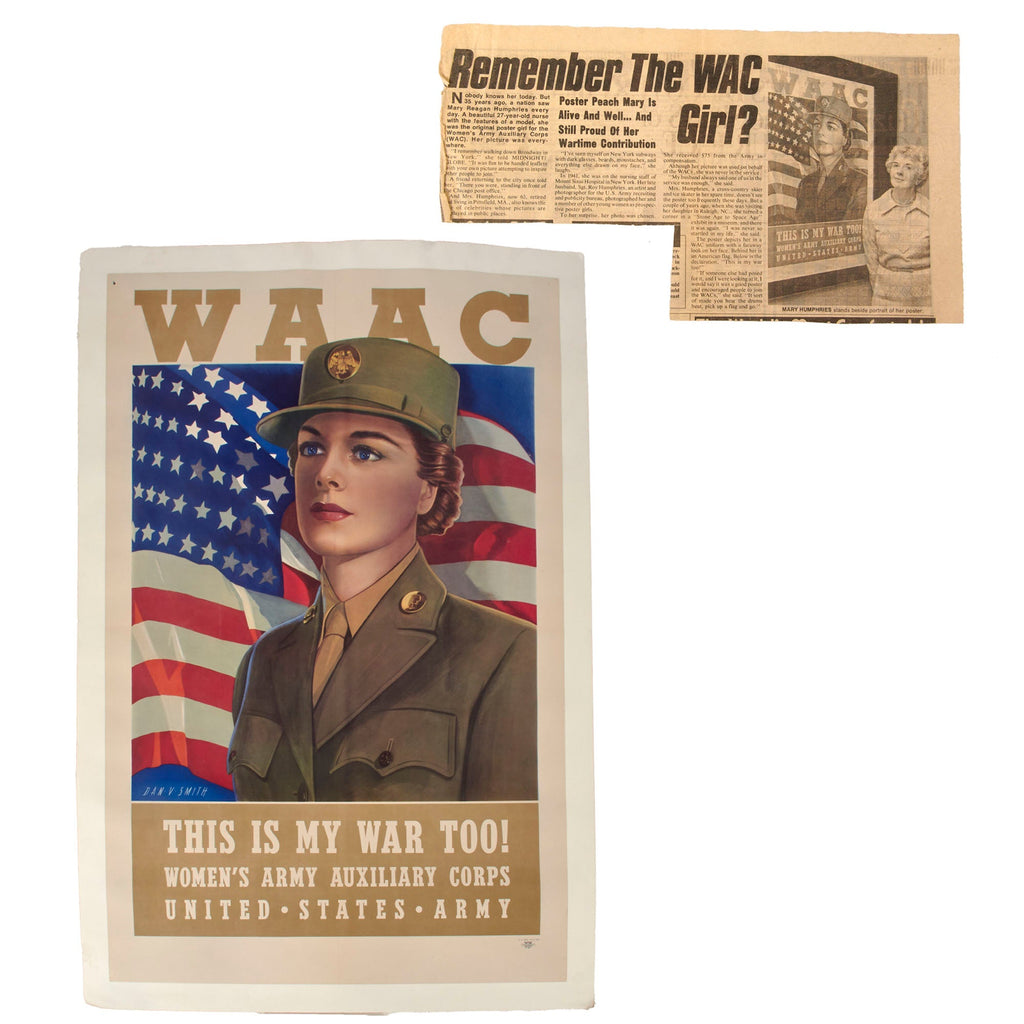 Original U.S. WWII Women’s Army Auxiliary Corps W.A.A.C. “This is My War Too!” Poster with Newspaper Clipping Showing Model Later in Life - 28 x 41” Original Items
