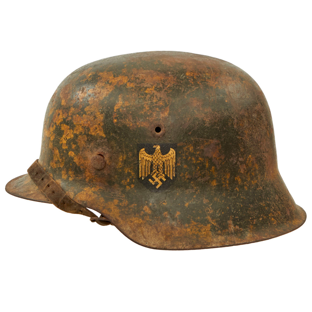 Original German WWII M42 Heer Army Single Decal Camouflage Helmet with 59cm Liner & Chinstrap - stamped ckl66 Original Items