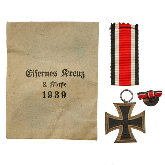 Original German WWII Wehrmacht Iron Cross 2nd Class 1939 by Klein & Quenzer A.G. with Ribbon and Button Ribbon in Paper Packet - EKII Original Items