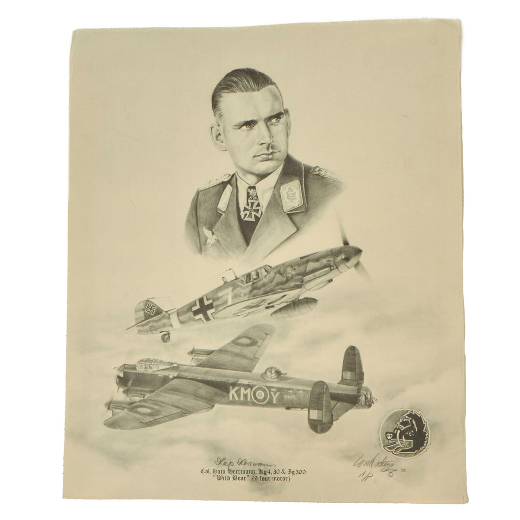Original U.S. WWII Hajo Herrmann Ace Print Signed by Author & Pilot - 16 x 19 1/4” - A/P (Artist’s Proof) Original Items