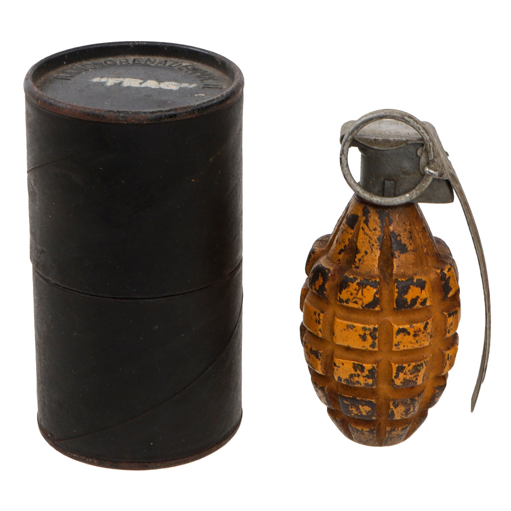 Original U.S. WWII Inert MkII Yellow Early War High Explosive Pineapple Grenade with M10A2 Fuze in Husk Original Items