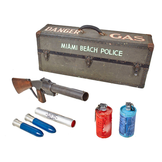Original U.S. Miami Beach Police Marked Gas Gun Case with 37mm 1.5 Caliber L-5 Federal Riot Gun, Inert Rounds, and Inert Grenades - “FRG” Original Items