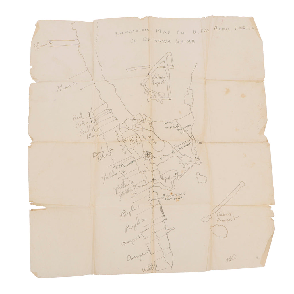 Original U.S. WWII Battle of Okinawa Hand-Drawn Invasion Map of Okinawa Shima on “D-Day April 1st 1945” - Shows Locations of American Planes Shot Down - 12 ¼ x 13” Original Items