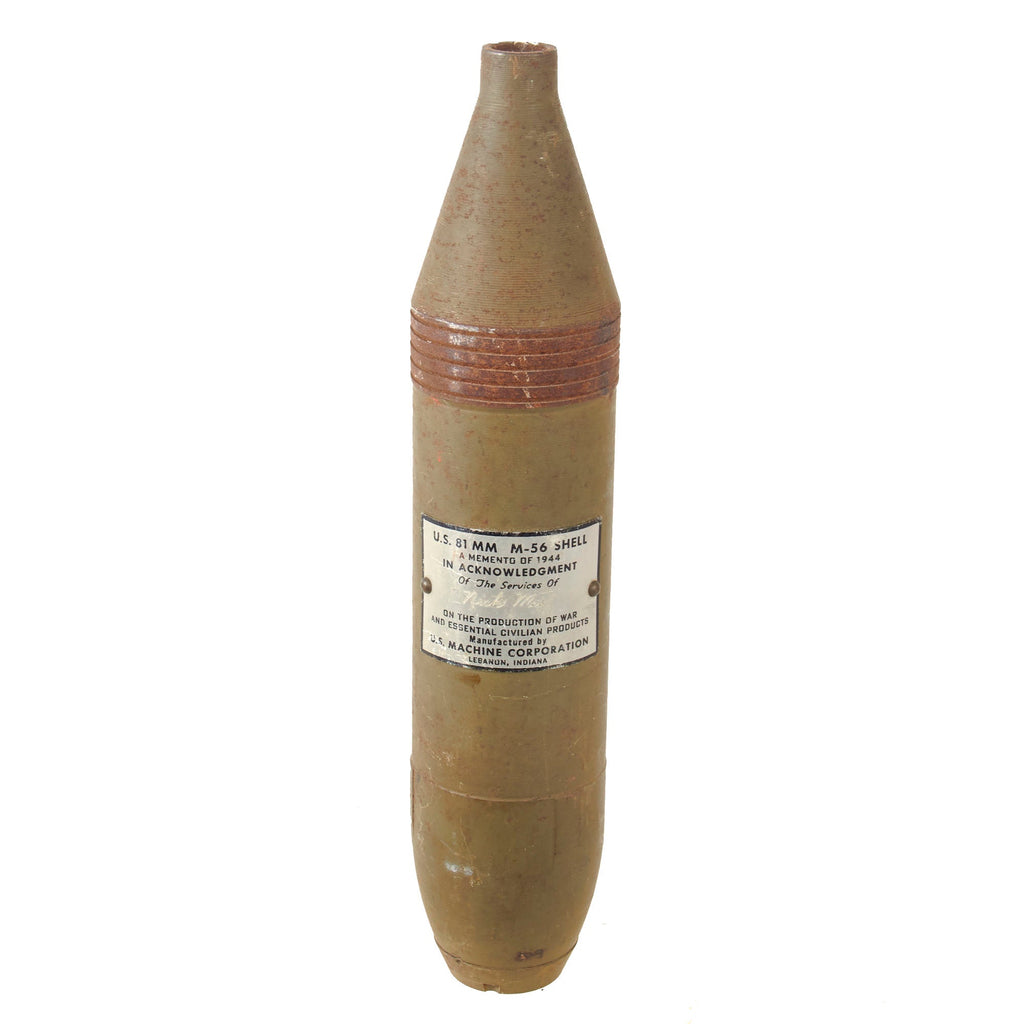 Original U.S. WWII Inert 81mm M-56 Shell Presented for Production of War and Essential Civilian Products - “Memento of 1944” Original Items