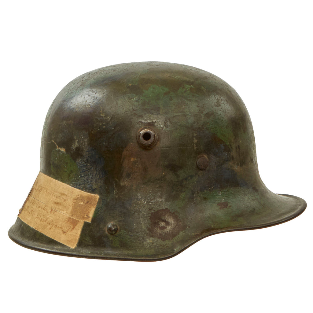 Original German WWI U.S. 32nd Division-Captured Splotch Camouflage-Painted M16 Stahlhelm Helmet Sent Home by Distinguished Service Cross & Croix de Guerre Recipient Sergeant Ted Gariepy - Outstanding Original Items