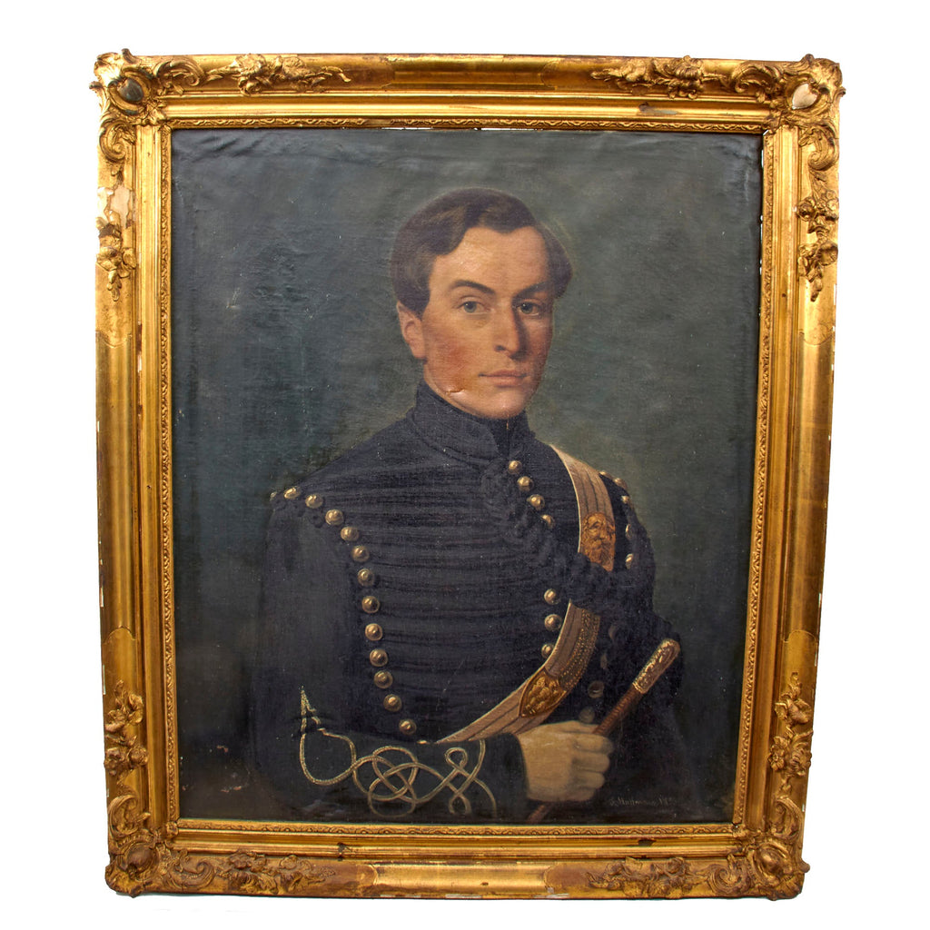 Original British Crimean War Era Framed Portrait of Hussar with Swagger Stick & Pouch Belt by F. Holtmann - Dated 1856 - 28½ x 34” Original Items