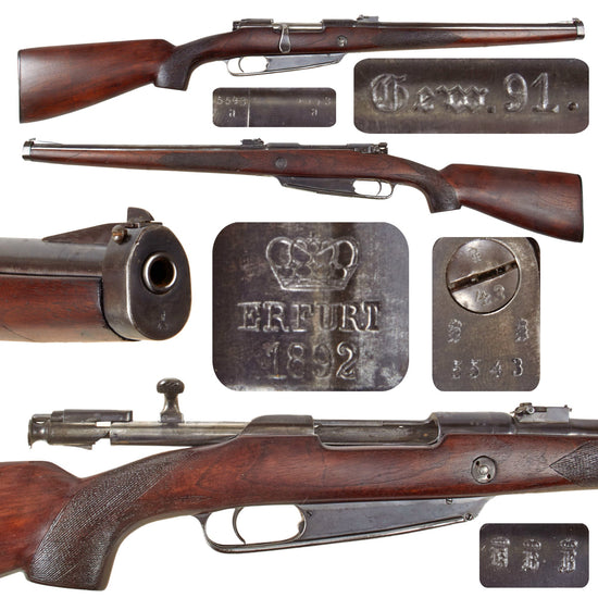 Original German Pre-WWI Sporterized Gewehr 91 S Artillery Carbine by Erfurt Dated 1892 with Custom Stock - Matching Serial 5543 a Original Items