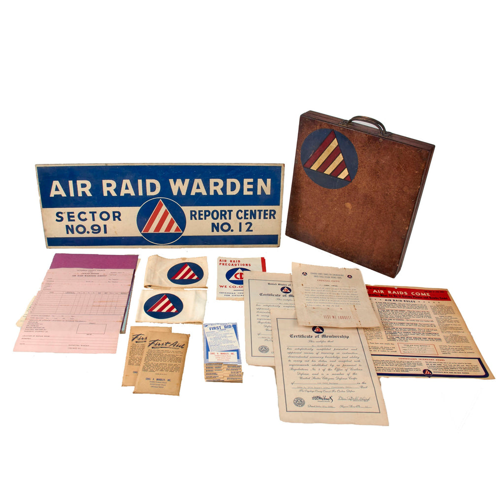 Original U.S. WWII Civil Defense Air Raid Warden Sign & Briefcase of Air Raid Warden Glenn Jordon of Cuyahoga County, Ohio Original Items