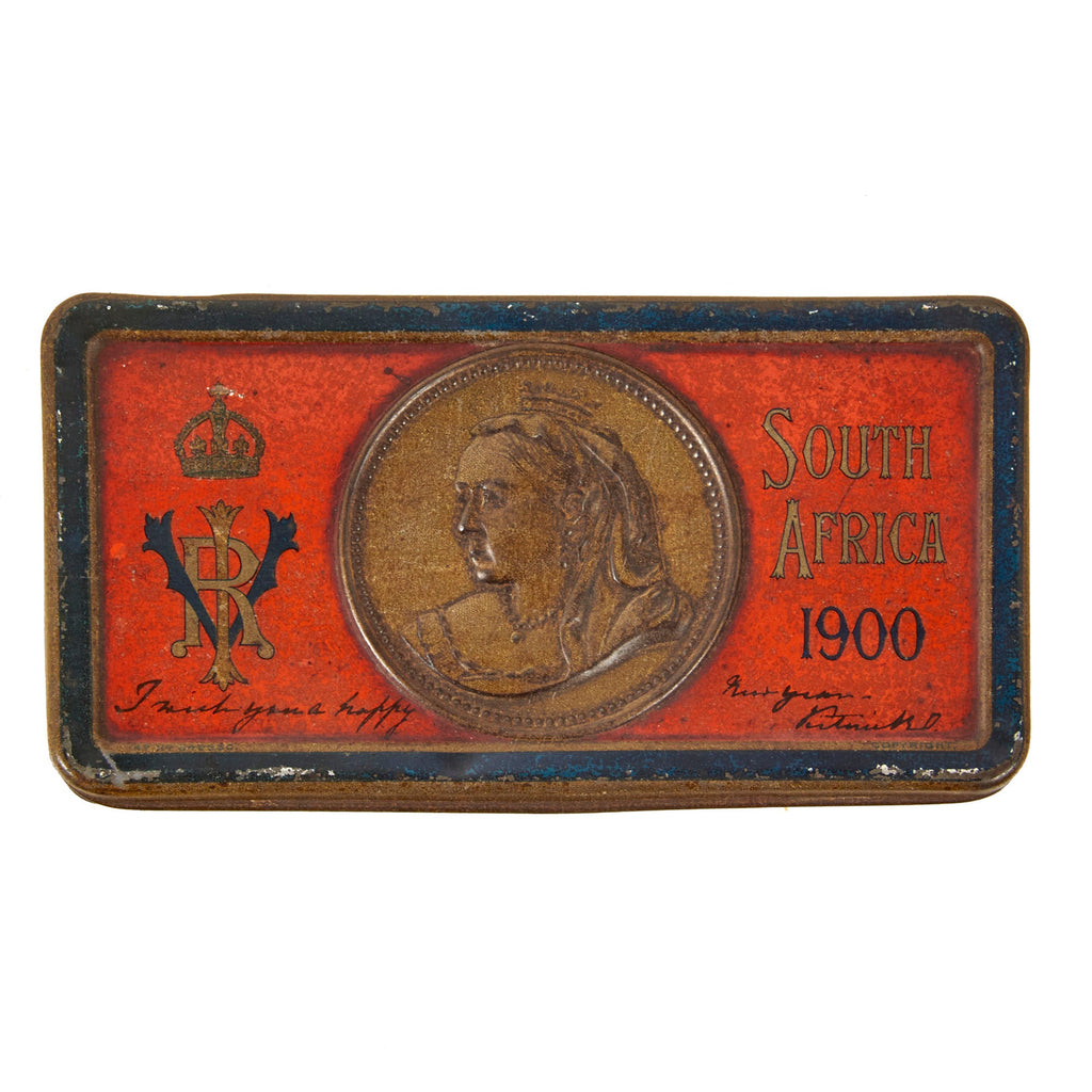 Original British South Africa Boer War Queen Victoria Chocolate Ration Tin with Dedication to Owner - Captain Rupert Fawssett Original Items