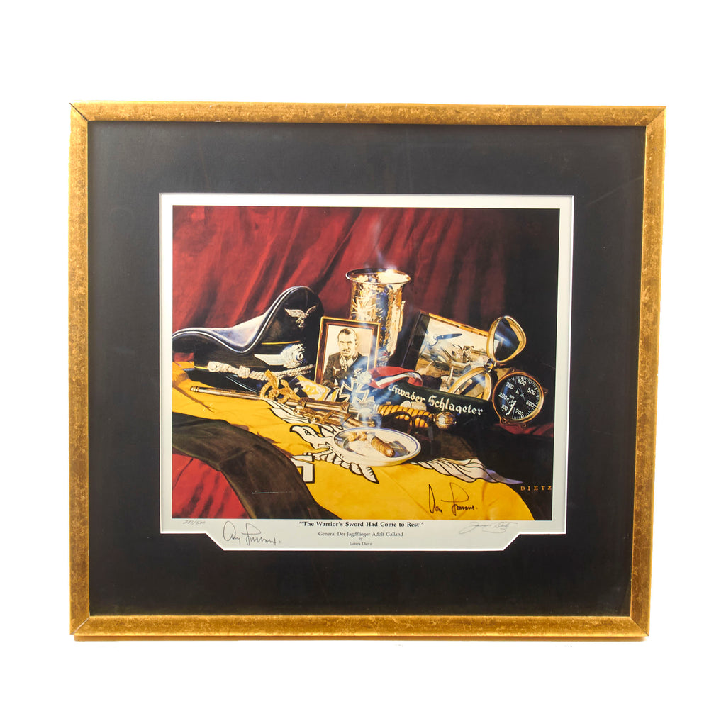 Original Signed Limited Edition Print: Framed “The Warrior’s Sword Had Come to Rest” by James Dietz Signed by Adolf Galland - 281/500 - 21⅝ x 23⅝”