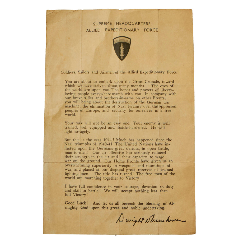 Original U.S. WWII SHAEF Eisenhower Letter Sent to the Troops Before D-Day Original Items