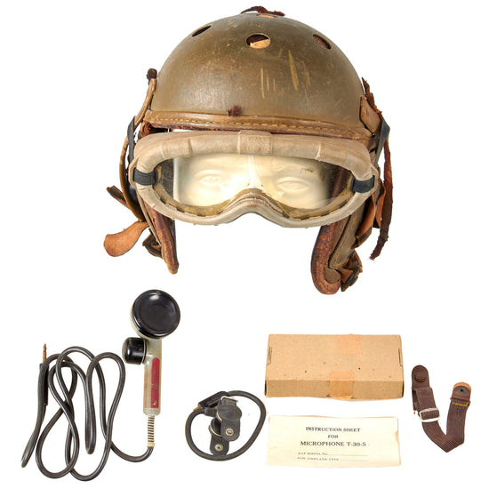 Original U.S. WWII M38 Tanker Helmet by Rawlings with T-17-D Handset, R-14 Headphones, Throat Mic and Early Polaroid Goggles Original Items