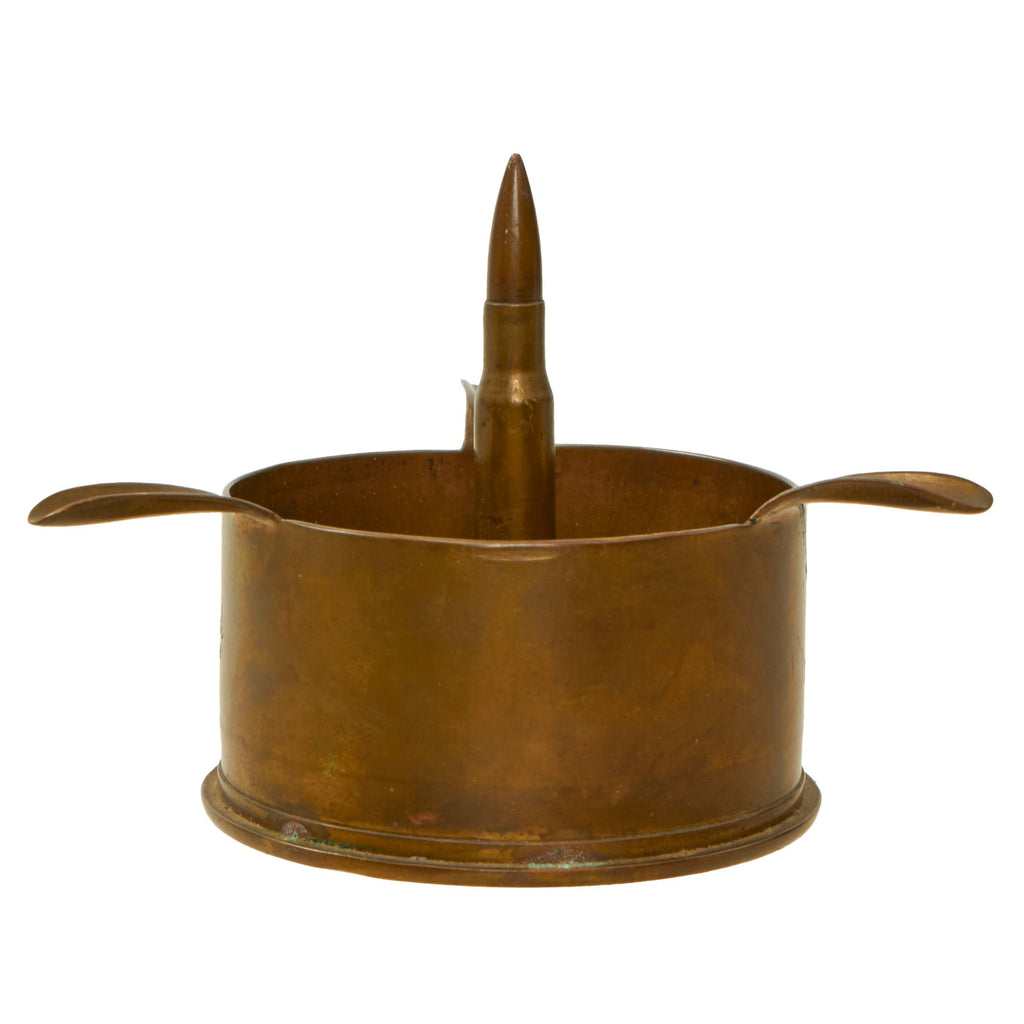 Original U.S. WWII Iwo Jima Trench Art Ashtray Made from 75mm Shell & Cartridge - Engraving of Mount Suribachi Original Items