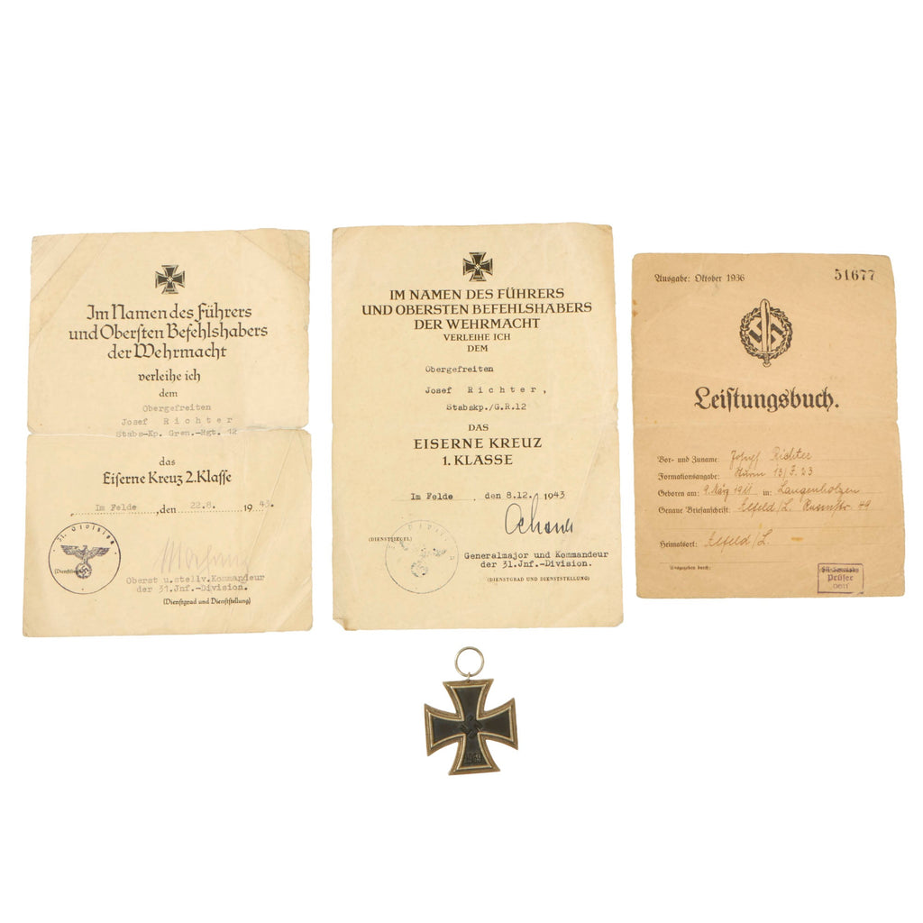 Original German WWII Document Grouping Named to Obergefreiter Josef Richter with EKII Award - Grenadier Regiment 12 Original Items