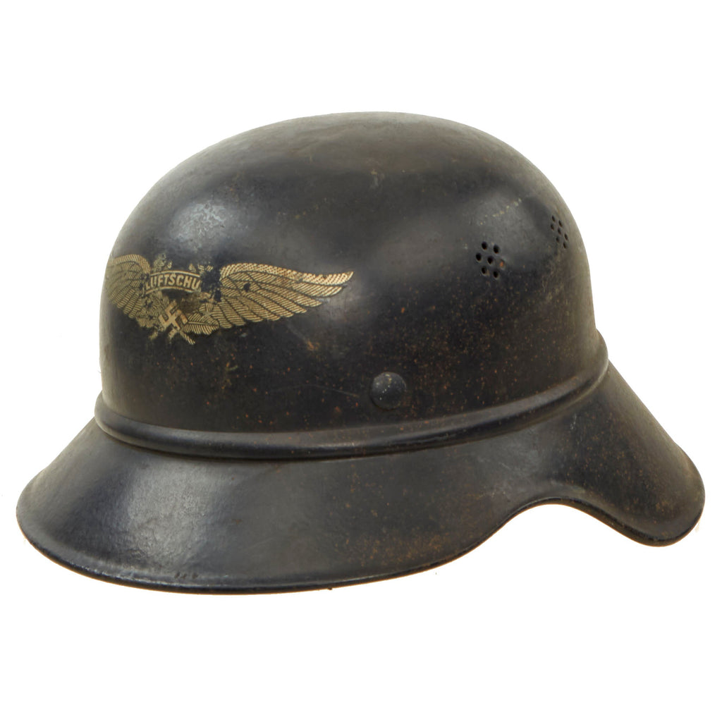 Original German WWII M38 Luftschutz Beaded Gladiator Air Defense Helmet with Single Piece Shell, Liner, and Chinstrap Original Items