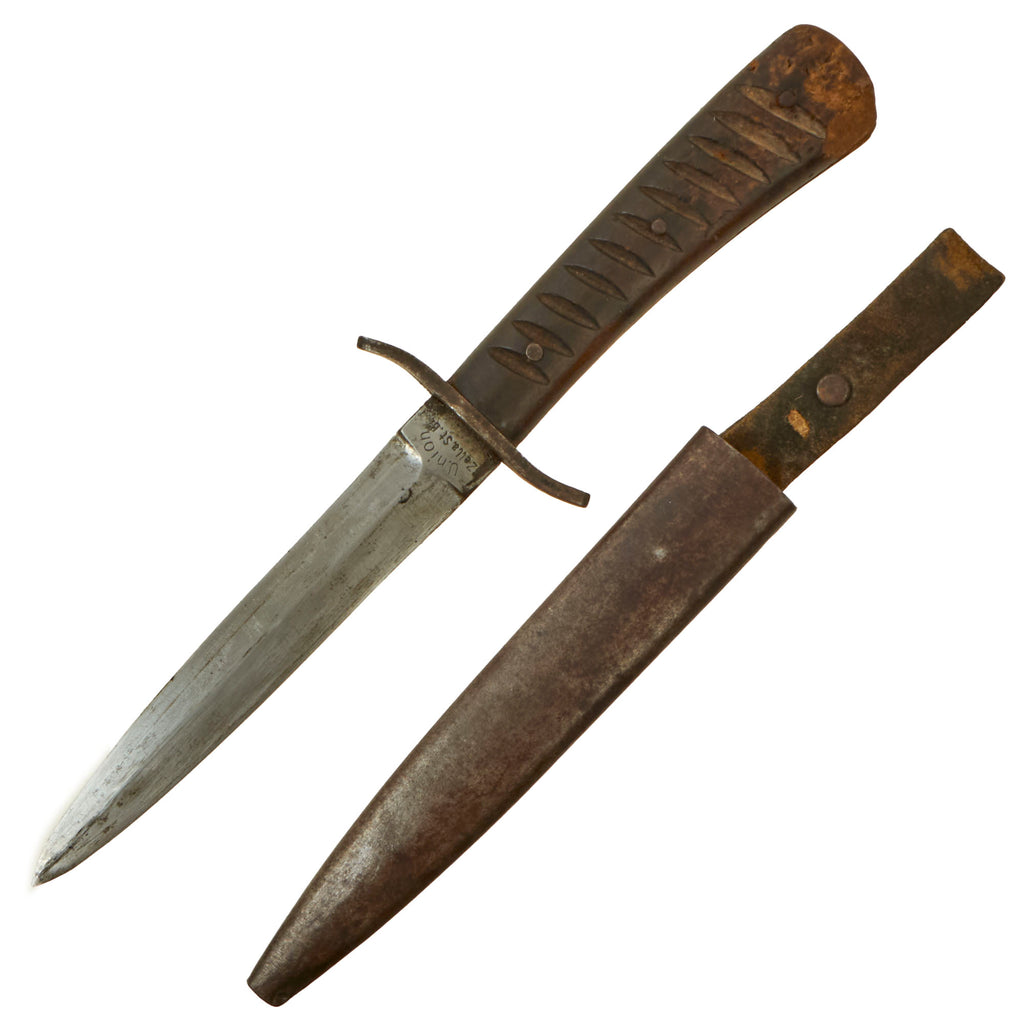 Original German WWI Private Purchase Trench Fighting Knife with Ribbed Grips & Original Rolled Steel Scabbard by Union Zella St. Blasii Original Items