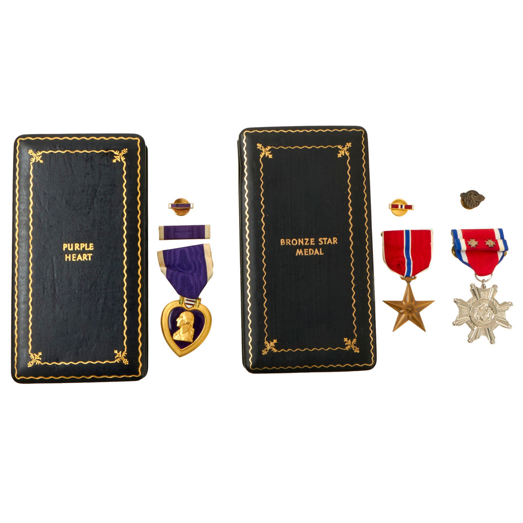 Original U.S. WWII 100th Infantry Division Engraved Purple Heart & Bronze Star Medal Grouping with Original Boxes - Howard Alan Shlay, 398th Infantry Regiment Original Items