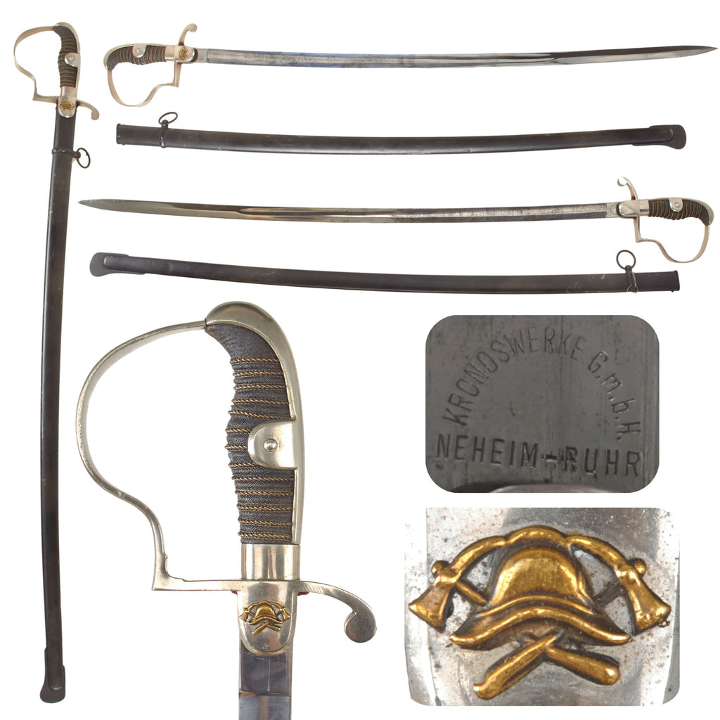 Original German Pre-WWII Fireman’s Triple-Etched Fire Service NCO Dove's Head Sword & Scabbard by Kronoswerke of Neheim-Ruhr